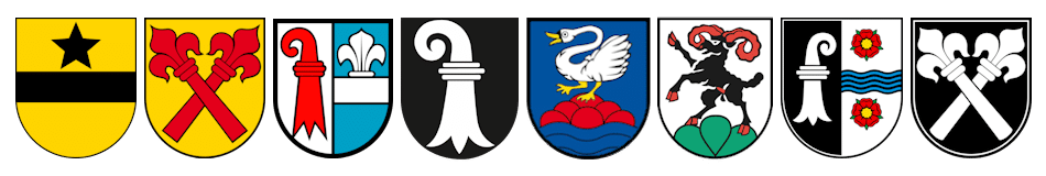 Gemeindewappen Blauen, Brislach, Grellingen, Laufen, Liesberg, Roggenburg, Röschenz und Zwingen